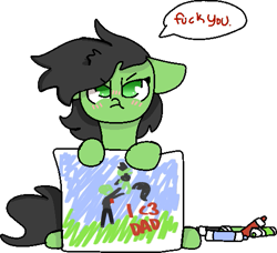 Size: 505x460 | Tagged: safe, artist:nootaz, imported from derpibooru, oc, oc only, oc:anon, oc:filly anon, earth pony, pony, :t, blushing, cute, drawing, father's day, female, filly, floppy ears, glare, heart, hoof hold, looking at you, marker, simple background, sitting, solo, speech bubble, transparent background, tsundere, vulgar