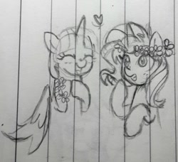 Size: 1016x925 | Tagged: safe, artist:chautung, imported from derpibooru, sunset shimmer, twilight sparkle, alicorn, pony, unicorn, cute, eyes closed, female, floral head wreath, flower, heart, lesbian, lined paper, mare, pencil drawing, present, shimmerbetes, shipping, sunsetsparkle, tongue out, traditional art, twilight sparkle (alicorn)