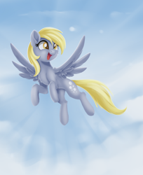 Size: 1094x1343 | Tagged: safe, artist:dusthiel, imported from derpibooru, derpy hooves, pegasus, pony, cloud, crepuscular rays, cute, derpabetes, female, mare, open mouth, sky, smiling, solo