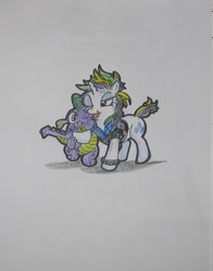 Size: 577x736 | Tagged: safe, artist:hillbe, imported from derpibooru, rarity, spike, alternate hairstyle, female, male, one eye closed, punk, raripunk, shipping, sparity, straight, traditional art, wink