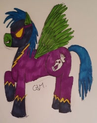 Size: 1027x1303 | Tagged: safe, artist:rapidsnap, imported from derpibooru, oc, oc only, oc:rapidsnap, pony, clothes, costume, shadowbolts, shadowbolts costume, solo, traditional art