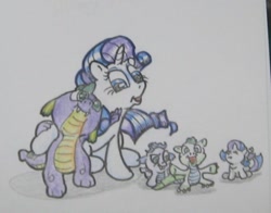 Size: 536x420 | Tagged: safe, artist:hillbe, imported from derpibooru, rainbow dash, rarity, spike, oc, dracony, dragon, hybrid, pony, unicorn, female, foal, interspecies offspring, male, mare, offspring, parent:rarity, parent:spike, parents:sparity, shipping, sparity, straight, traditional art
