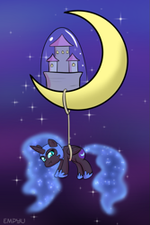 Size: 667x1000 | Tagged: safe, artist:empyu, imported from derpibooru, nightmare moon, alicorn, pony, 45 minute art challenge, chibi, crescent moon, cute, female, mare, mini, moon, night, pouting, sky, solo, stars, tangible heavenly object