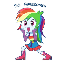 Size: 1028x1028 | Tagged: safe, artist:ryuu, imported from derpibooru, rainbow dash, equestria girls, boots, chibi, clothes, cute, dashabetes, dress, fall formal outfits, female, gloves, looking at you, open mouth, shoes, simple background, skirt, so awesome, solo, white background