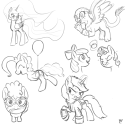 Size: 2000x2000 | Tagged: safe, artist:yakoshi, imported from derpibooru, apple bloom, gabby, philomena, pinkie pie, princess celestia, sweetie belle, twist, oc, oc:littlepip, alicorn, earth pony, griffon, phoenix, pony, unicorn, fallout equestria, apple, balloon, black and white, blushing, bow, butt, candy, candy cane, clothes, cutie mark, eyes closed, fanfic, fanfic art, female, filly, floating, foal, food, glasses, glowing horn, grayscale, gritted teeth, hair bow, hooves, horn, jumpsuit, levitation, looking at you, looking back, magic, mare, monochrome, mouth hold, nom, open mouth, pipbuck, plot, simple background, sketch, smiling, spread wings, teeth, telekinesis, then watch her balloons lift her up to the sky, underhoof, vault suit, waving, white background, wings