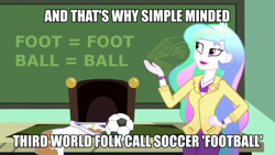 Size: 1080x608 | Tagged: safe, edit, edited screencap, imported from derpibooru, screencap, princess celestia, eqg summertime shorts, equestria girls, subs rock, clothes, downvote bait, drama bait, football, image macro, meme, op is a duck, op is trying to start shit, op is wrong, principal celestia, sports