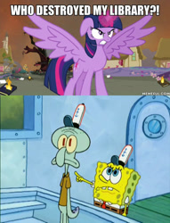 Size: 600x787 | Tagged: safe, edit, edited screencap, imported from derpibooru, screencap, twilight sparkle, alicorn, pony, twilight's kingdom, exploitable meme, golden oaks library, image macro, krabs a la mode, meme, memeful.com, obligatory pony, spongebob squarepants, spongebob squarepants (character), squidward tentacles, twilight sparkle (alicorn), who destroyed twilight's home