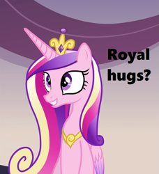 Size: 657x720 | Tagged: safe, edit, edited screencap, imported from derpibooru, screencap, princess cadance, pony, games ponies play, bronybait, cropped, crown, cute, cutedance, female, hug, jewelry, regalia, smiling, solo, text