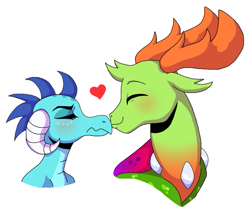 Size: 869x733 | Tagged: safe, artist:ketumii, artist:ruskio, imported from derpibooru, princess ember, thorax, changedling, changeling, blushing, dragon lord ember, embrax, eyes closed, female, heart, interspecies, king thorax, male, nuzzling, shipping, simple background, smiling, straight, tsundember, tsundere