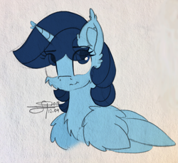 Size: 2107x1928 | Tagged: dead source, safe, artist:airfly-pony, imported from derpibooru, oc, oc only, oc:airflight, alicorn, pony, 2018, alicorn oc, blue eyes, bust, cheek fluff, chest fluff, ear fluff, eye clipping through hair, fluffy, horn, large wings, long horn, looking up, portrait, rcf community, simple background, smiling, solo, this character is not canon related, white background, wings