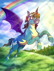 Size: 3000x4000 | Tagged: safe, artist:lupiarts, imported from derpibooru, oc, oc only, oc:noctis fructosi junior, bat pony, pony, bat pony oc, clothes, commission, crepuscular rays, flying, goggles, grass field, rainbow, scenery, solo, tree, uniform, wonderbolts uniform