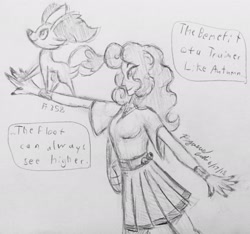 Size: 2193x2057 | Tagged: safe, artist:floofyfoxcomics, imported from derpibooru, oc, oc:autumn science, fennekin, human, clothes, high res, humanized, monochrome, pokémon, purse, shirt, skirt, traditional art