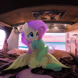 Size: 1080x1080 | Tagged: dead source, safe, artist:hioshiru, edit, imported from derpibooru, fluttershy, pegasus, pony, bed, blanket, cheek fluff, clothes, covering mouth, curtains, cute, detailed background, ear fluff, female, fluffy, horizon, irl, leg fluff, license plate, looking up, mare, microbus, ocean, photo, photoshop, pillow, ponies in real life, poster, shoulder fluff, shyabetes, sign, sitting, smiling, socks, solo, spread wings, sweet dreams fuel, van, volkswagen, volkswagen transporter, volkswagen type 2, wallpaper, window, wings, wires