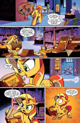 Size: 1073x1650 | Tagged: safe, artist:andypriceart, idw, imported from derpibooru, megan williams, sunset shimmer, pony, unicorn, spoiler:comic, spoiler:comicannual2013, advertisement, andy you magnificent bastard, book, canterlot library, comic, evil dead, faic, female, idw advertisement, implied princess celestia, librarian, library, mare, necronomicon, official comic, offscreen character, preview