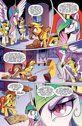 Size: 1073x1650 | Tagged: safe, idw, imported from derpibooru, princess celestia, sunset shimmer, alicorn, pegasus, pony, unicorn, spoiler:comic, spoiler:comicannual2013, advertisement, angry, barrier, book, bookshelf, eye reflection, female, idw advertisement, library, magic, male, preview, reflection, royal guard, scroll, shield, sin of pride, spread wings, wings