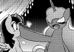 Size: 455x320 | Tagged: safe, artist:aoi takayuki, imported from derpibooru, princess luna, twilight sparkle, twilight sparkle (alicorn), alicorn, pony, comic:pony love 2, annoyed, boop, cropped, doujin, explicit source, eyes closed, female, lesbian, mare, monochrome, pony love 2, shipping, translation, twiluna