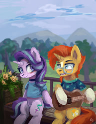 Size: 1024x1324 | Tagged: safe, artist:ami-gami, artist:amy-gamy, imported from derpibooru, starlight glimmer, sunburst, pony, unicorn, blushing, choker, clothes, female, guitar, male, mare, shipping, shirt, singing, smiling, stallion, starburst, straight
