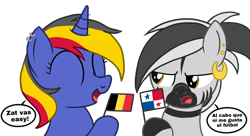 Size: 1902x1038 | Tagged: safe, artist:an-tonio, imported from derpibooru, oc, oc only, oc:trinidad, oc:wheelie rims, pony, unicorn, zebra, angry, belgium, flag, happy, open mouth, panama, piercing, simple background, sour grapes, speech bubble, transparent background, world cup 2018