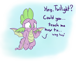 Size: 1500x1200 | Tagged: safe, artist:heir-of-rick, imported from derpibooru, spike, dragon, molt down, baby, baby dragon, cute, dialogue, flying, imminent winghug, implied twilight sparkle, male, nervous, no pupils, question, scales, solo, spikabetes, text, waving, winged spike, wings