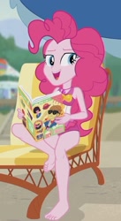 Size: 1153x2100 | Tagged: safe, imported from derpibooru, screencap, feather bangs, pinkie pie, equestria girls, equestria girls series, friendship math, barefoot, beach, clothes, cropped, feet, female, legs, magazine, one-piece swimsuit, pinkie pie swimsuit, solo, swimsuit