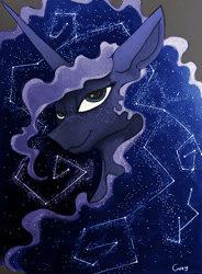 Size: 1758x2384 | Tagged: safe, artist:greyscaleart, color edit, edit, imported from derpibooru, princess luna, alicorn, pony, colored, constellation, constellation freckles, ethereal mane, female, freckles, greyscaleart is trying to murder us, limited palette, mare, monochrome, neo noir, partial color, simple background, solo, starry mane, traditional art