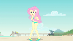 Size: 1920x1080 | Tagged: safe, artist:gabosor, edit, edited screencap, editor:slayerbvc, imported from derpibooru, screencap, fluttershy, equestria girls, equestria girls series, forgotten friendship, beach, bikini, clothes, female, flip-flops, geode of fauna, green swimsuit, ms paint, nervous, paint.net, sandals, solo, swimsuit, swimsuit edit