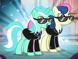 Size: 605x455 | Tagged: safe, imported from derpibooru, bon bon, lyra heartstrings, sweetie drops, earth pony, pony, unicorn, gameloft, secret agent, secret agent sweetie drops, sunglasses