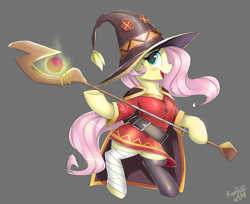 Size: 6000x4900 | Tagged: safe, artist:rosefluffdraws, imported from derpibooru, fluttershy, pony, absurd resolution, anime, blushing, clothes, cosplay, costume, cute, dress, female, gray background, hat, konosuba, mare, megumin, otakushy, shyabetes, simple background, skirt, smiling, solo, staff, witch, witch hat, wizard