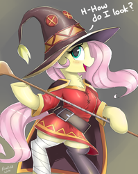 Size: 3500x4400 | Tagged: safe, artist:rosefluffdraws, imported from derpibooru, fluttershy, pegasus, pony, anime, bipedal, blushing, chest fluff, clothes, cosplay, costume, cute, dress, female, konosuba, mare, megumin, otakushy, shyabetes, skirt, solo, speech bubble, staff, wizard