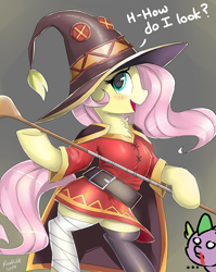 Size: 3500x4400 | Tagged: safe, alternate version, artist:rosefluffdraws, imported from derpibooru, fluttershy, spike, dragon, pegasus, pony, anime, bipedal, blood, blushing, clothes, cute, dress, female, flutterspike, konosuba, male, mare, megumin, nosebleed, otakushy, shipping, shyabetes, skirt, staff, straight, wizard