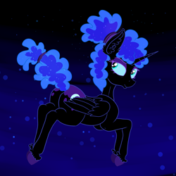 Size: 3000x3000 | Tagged: safe, artist:paskanaakka, derpibooru exclusive, imported from derpibooru, nightmare moon, alicorn, pony, abstract background, alternate hairstyle, colored hooves, ear fluff, eyeshadow, female, looking back, makeup, mare, solo, unshorn fetlocks