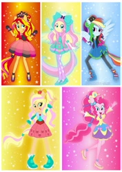 Size: 1600x2263 | Tagged: safe, artist:jucamovi1992, imported from derpibooru, applejack, fluttershy, pinkie pie, rainbow dash, sunset shimmer, equestria girls, alternate hairstyle, boots, clothes, gloves, high heel boots, high heels, leggings, looking at you, ponied up, shoes, sneakers, super ponied up, wings