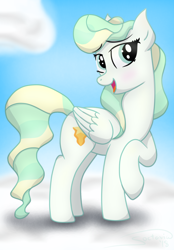 Size: 1250x1800 | Tagged: safe, artist:soctavia, imported from derpibooru, vapor trail, pegasus, pony, blushing, cloud, cute, cutie mark, female, flirting, flirty, hooves, looking at you, mare, on a cloud, open mouth, raised hoof, simple background, solo, standing on a cloud, standing on cloud, wings