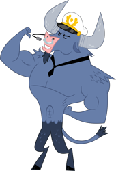 Size: 6400x9392 | Tagged: safe, artist:parclytaxel, imported from derpibooru, iron will, minotaur, once upon a zeppelin, .svg available, absurd resolution, captain hat, eyes closed, flexing, male, nose piercing, nose ring, piercing, pointing, pointing at self, septum piercing, simple background, solo, transparent background, vector