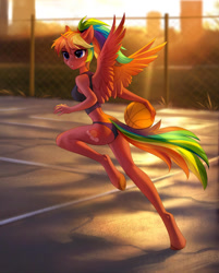 Size: 1280x1590 | Tagged: safe, alternate version, artist:tomatocoup, imported from derpibooru, oc, oc only, oc:spectrum dash, alicorn, anthro, unguligrade anthro, alicorn oc, asphalt, ball, basketball, clothes, explicit source, female, rainbow hair, rainbow tail, solo, sports, street, sunset, swimsuit, wings, ych result