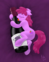 Size: 4000x5000 | Tagged: safe, artist:kalyandra, imported from derpibooru, berry punch, berryshine, earth pony, pony, alcohol, blushing, body pillow, body pillow design, bottle, butt, cuddling, drool, eyes closed, female, floppy ears, licking, mare, plot, solo, that pony sure does love alcohol, tongue out, wine, wine bottle