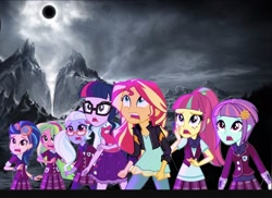 Size: 2048x1489 | Tagged: safe, editor:php77, imported from derpibooru, indigo zap, lemon zest, sci-twi, sour sweet, sugarcoat, sunny flare, sunset shimmer, twilight sparkle, equestria girls, cropped, scared, shadow five