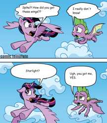 Size: 1022x1182 | Tagged: safe, artist:pony-berserker, edit, imported from derpibooru, spike, twilight sparkle, alicorn, dragon, pony, molt down, cloud, comic, flying, speech bubble, twilight and spike's wings meme, twilight sparkle (alicorn), winged spike, wings