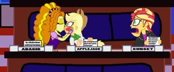 Size: 4032x1682 | Tagged: safe, artist:bigpurplemuppet99, imported from derpibooru, adagio dazzle, applejack, match game, sunset shimmer, equestria girls, blushing, dazzlejack, female, kissing, lesbian, match game (game show), shipping, sunsagio