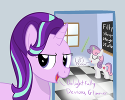 Size: 1000x800 | Tagged: safe, artist:mightyshockwave, imported from derpibooru, starlight glimmer, sweetie belle, pony, unicorn, marks for effort, chalkboard, classroom, duo, female, filly, friendship academy, simpsons did it, steamed hams, teaching, the simpsons