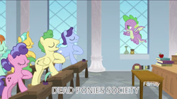 Size: 2880x1610 | Tagged: safe, edit, edited screencap, imported from derpibooru, screencap, berry blend, berry bliss, citrine spark, fire quacker, huckleberry, peppermint goldylinks, spike, dragon, earth pony, pegasus, pony, unicorn, marks for effort, classroom, dead poets society, desk, eyes closed, female, flying, friendship student, hoof on chest, male, mare, oh captain my captain, oh dragon my dragon, salute, stallion, students, teaching, winged spike, wings