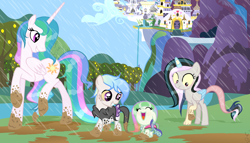 Size: 2160x1234 | Tagged: safe, artist:velveagicsentryyt, imported from derpibooru, princess celestia, oc, oc:asterism, oc:flosun pollen, oc:mysterilestia, changepony, draconequus, hybrid, pony, canterlot, interspecies offspring, mud, offspring, parent:discord, parent:princess celestia, parent:thorax, parents:dislestia, parents:thoralestia, rain