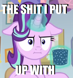 Size: 415x443 | Tagged: safe, edit, edited screencap, imported from derpibooru, screencap, starlight glimmer, pony, unicorn, marks for effort, caption, cropped, cup, female, floppy ears, i mean i see, image macro, magic, mare, meme, mug, poker face, solo, swearing, telekinesis, vulgar