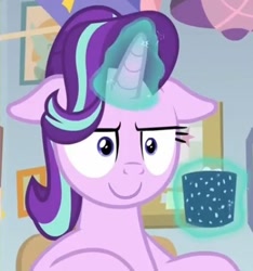 Size: 1002x1070 | Tagged: safe, edit, edited screencap, imported from derpibooru, screencap, starlight glimmer, pony, unicorn, marks for effort, cropped, cup, female, floppy ears, glowing horn, happy, i mean i see, inverted mouth, magic, mare, smiling, solo, telekinesis