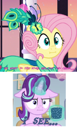 Size: 556x928 | Tagged: safe, edit, edited screencap, imported from derpibooru, screencap, fluttershy, starlight glimmer, make new friends but keep discord, marks for effort, :i, caption, exploitable meme, face, floppy ears, i mean i see, low quality, meme, spoiler, we bought two cakes