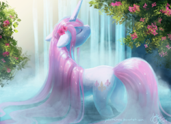 Size: 1024x745 | Tagged: safe, artist:joellethenose, imported from derpibooru, fleur-de-lis, pony, unicorn, bathing, beautiful, beauty, cute, elegant, eyes closed, female, fleurabetes, flower, flower in hair, impossibly long hair, long mane, long tail, mare, outdoors, pond, precious, relaxing, scenery, solo, tree, waterfall