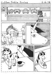 Size: 1090x1542 | Tagged: safe, artist:thrashman, imported from derpibooru, twilight sparkle, car, comic, comic strip, dialogue, monochrome, roller skates