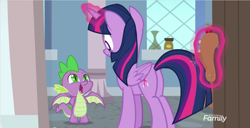 Size: 1377x707 | Tagged: safe, imported from derpibooru, screencap, spike, twilight sparkle, alicorn, dragon, pony, marks for effort, butt, cute, duo, female, glowing horn, innocent, magic, male, mare, open mouth, plot, spikabetes, spread wings, telekinesis, twilight sparkle (alicorn), winged spike, wings