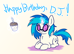 Size: 1500x1100 | Tagged: safe, artist:heir-of-rick, imported from derpibooru, dj pon-3, vinyl scratch, pony, unicorn, candle, cupcake, cute, female, food, glowing horn, magic, mare, solo, telekinesis, vinylbetes