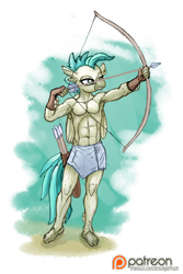 Size: 1002x1500 | Tagged: safe, artist:smudge proof, imported from derpibooru, terramar, anthro, classical hippogriff, hippogriff, plantigrade anthro, surf and/or turf, abs, aiming, archer, armpits, arrow, belly button, bow (weapon), bow and arrow, clothes, featureless chest, loincloth, male, muscles, partial nudity, patreon, patreon logo, reward, simple background, solo, topless, transparent background, weapon